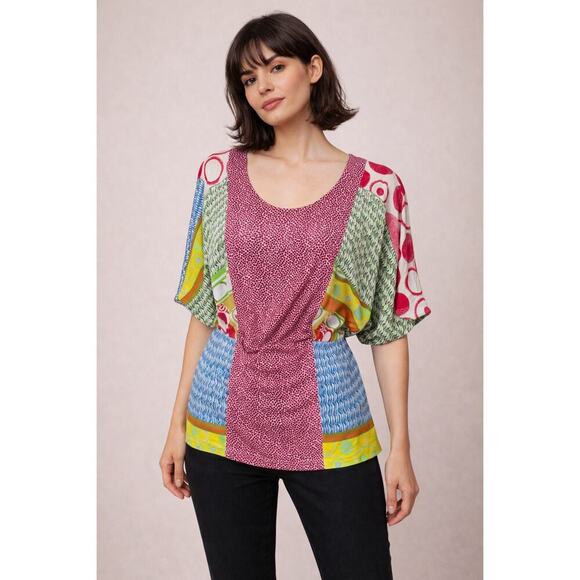 Save The Queen Tops - Save the Queen Made in Italy Belted Batwing Top M Patchwork Print Avant Garde